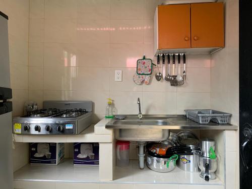 a small kitchen with a sink and a stove at Finca Peñitas in Boquerón de Capira