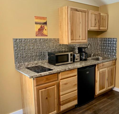 a kitchen with a microwave oven and a sink at Motel Montreal in Lake George