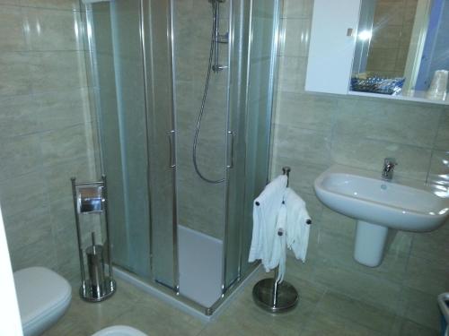 W łazience znajduje się prysznic, umywalka i toaleta. w obiekcie Sony Affittacamere w mieście Desenzano del Garda