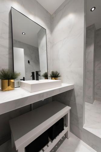 une salle de bain avec un lavabo blanc et un miroir dans l'établissement Andy, à Paris