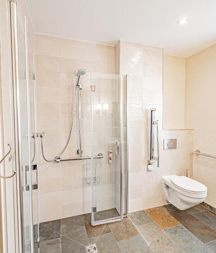a bathroom with a toilet and a glass shower at Johannishof Wein-Café & Gästehaus in Mesenich
