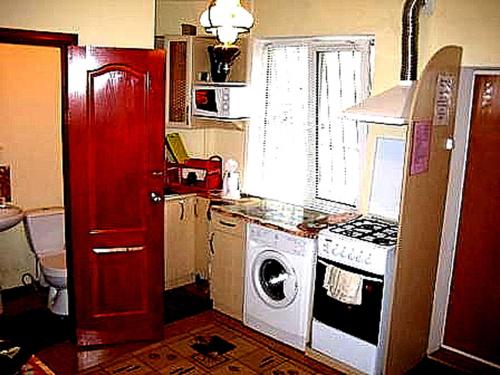 a kitchen with a stove and a washing machine at 2 ком кв Соборная-Макарова-МАКДОНАЛЬДС 3 кровати Wi-Fi 1этаж отдельный вход in Mykolaiv