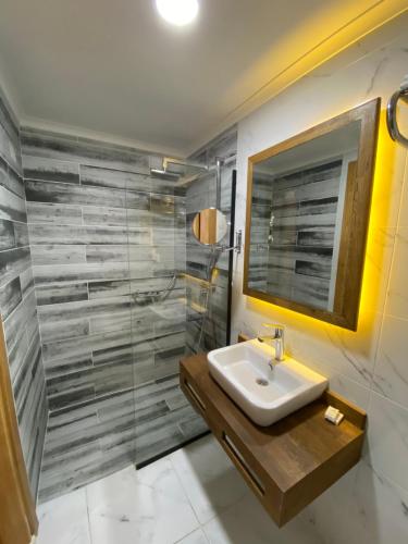 a bathroom with a sink and a shower at Dedehan Hotel in Trabzon