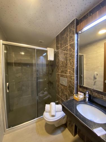 a bathroom with a toilet and a sink and a shower at Emily Rose Hotel in Kemer