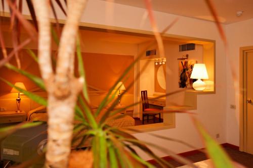 a living room with a mirror and a plant at Hotel Aro Palace in Braşov