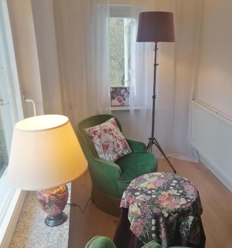 a living room with a green chair and a lamp at Villa Elisenruh in Schmalfeld