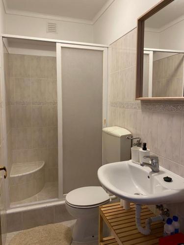 a bathroom with a sink and a toilet and a shower at Casa São Francisco in Porto Covo