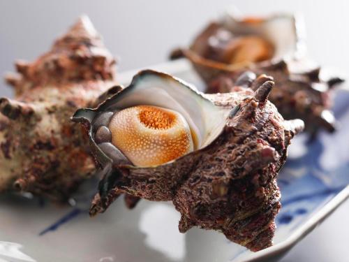 a close up of a shell on a plate at Seikiro Ryokan Historical Museum Hotel in Miyazu