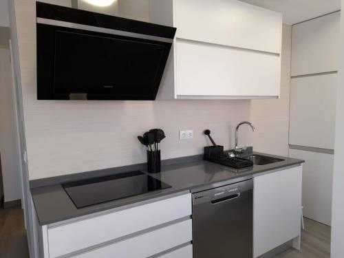 a kitchen with a sink and a tv on the wall at Apartamento Molinos del Río in Murcia