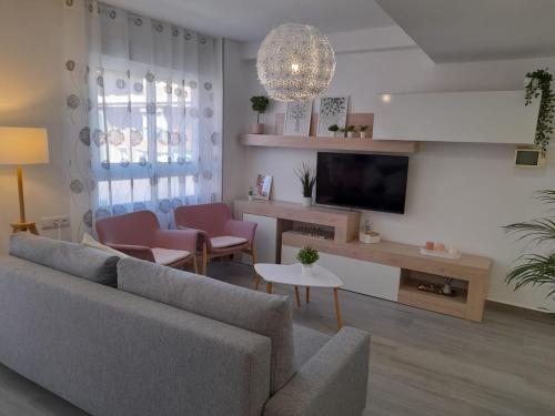 莫夕亞的住宿－Apartamento Molinos del Río，带沙发和电视的客厅