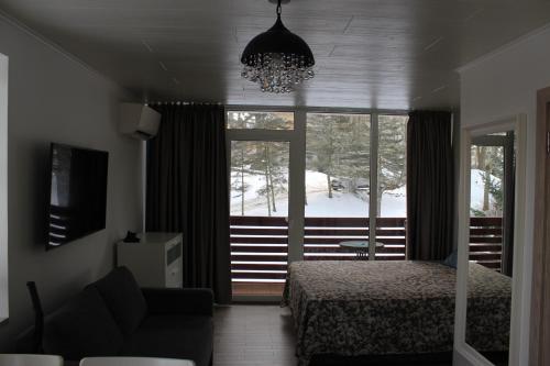 - une chambre avec un lit, un canapé et un lustre dans l'établissement Lagoon, à Juodkrantė