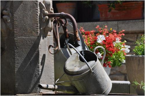 a watering can on the side of a wall with flowers at La Figuiere Fontaine de Vaucluse in Fontaine-de-Vaucluse