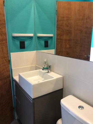 a bathroom with a sink and a mirror and a toilet at Departamento en Villa Allende in Villa Allende