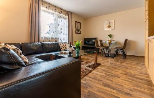 a living room with a leather couch and a table at Central Apartment in Donovaly