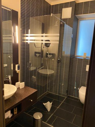 a bathroom with a shower with a sink and a toilet at Top Hotel Krämer in Koblenz