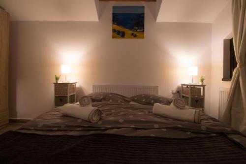 a bedroom with a large bed with two night stands at Stars & Mountain Apartment in Buşteni