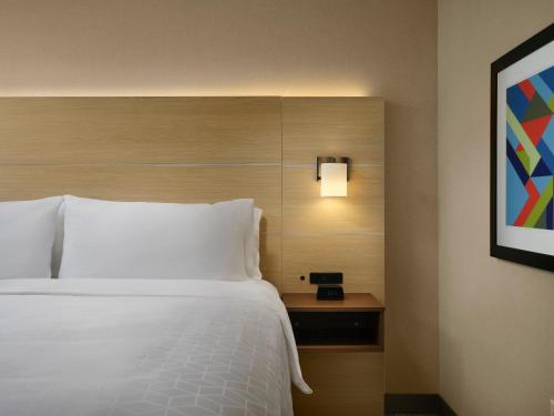 a hotel room with a bed and a light on a wall at Holiday Inn Express & Suites - Lockport by IHG in Lockport