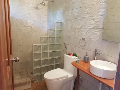 a bathroom with a toilet and a sink at Magic Mountain Lodge in Las Lajas