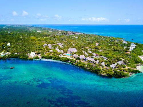 an aerial view of an island in the ocean at Temple Point Resort in Watamu
