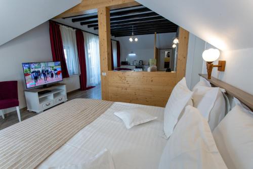 a bedroom with a large bed and a television at Pensiunea Carmen`s Mansion B in Sinaia