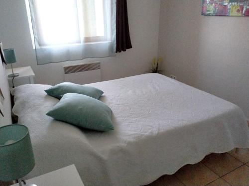 a white bed with two pillows on it in a room at Le Chardon 2 in Baudinard