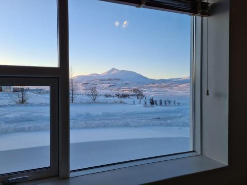 a window with a view of a snow covered field at Hlín Guesthouse in Varmahlid