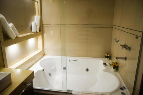 a bath tub in a bathroom with a shower at Hotel Cálido Termal in Termas de Río Hondo