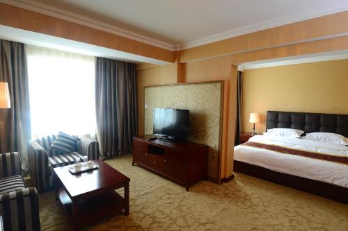 a hotel room with a bed and a television at Platinum Hotel Ulaanbaatar in Ulaanbaatar