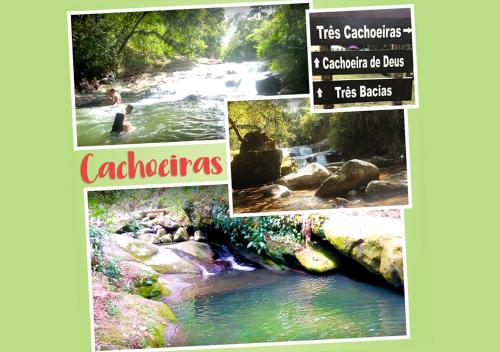 a collage of photos of a river with a picture of a creek at Pousada Chalé na Roça Penedo in Penedo