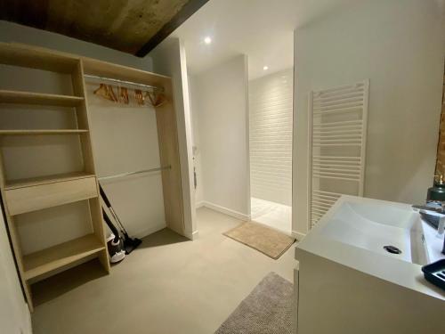 une salle de bain blanche avec un lavabo et une douche dans l'établissement Bel appartement T2 de 50 m2, spacieux et lumineux - 009, à Rouen