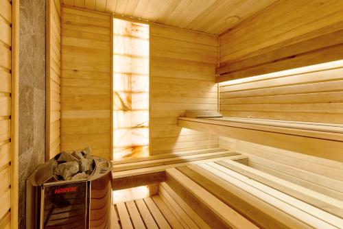 an empty wooden sauna with a heater in it at Villa de Jardin in Svyatopetrivske