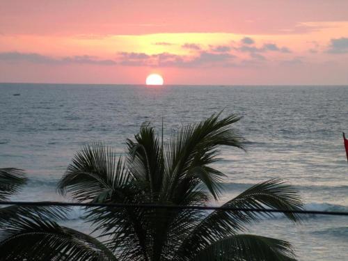 a sunset over the ocean with a palm tree at The Sea Garden House in Olón