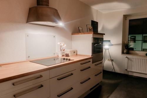 eine Küche mit einer Spüle und einem Kühlschrank in der Unterkunft Monteurzimmer Pavan Luxemburg, Saarbrücken, Überherrn Pavan T2-KEINE Ferienwohnung in Saarlouis