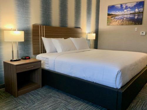 a large bed in a hotel room with two lamps at Meridian Inn & Suites Regina Airport in Regina