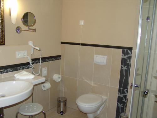 a bathroom with a toilet and a sink and a shower at M13 Hotel in Riol