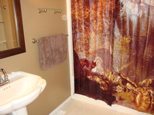 a bathroom with a shower curtain and a sink at Geyser Mountain Home in West Yellowstone