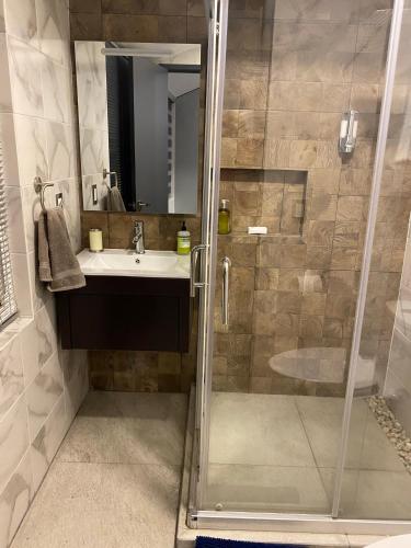 a bathroom with a shower and a sink at Casa de las Palmeras Lomas de Cocoyoc in Atlatlahucan