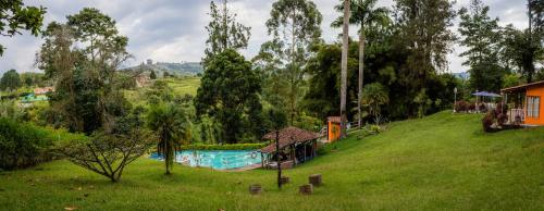 un parco con piscina in un campo verde di Hotel Villa Carolina a Santa Rosa de Cabal