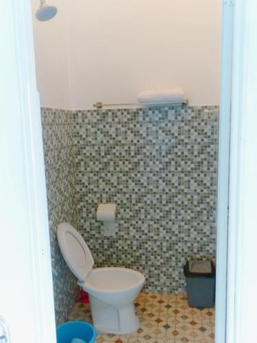 a bathroom with a toilet and a tiled wall at Bara Village Guest House Bira in Bira