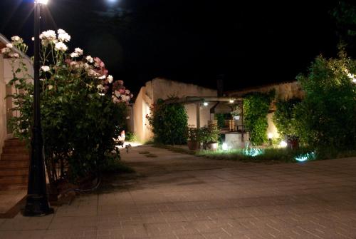 a courtyard at night with flowers and a street light at Villa Don Juan II in Segovia