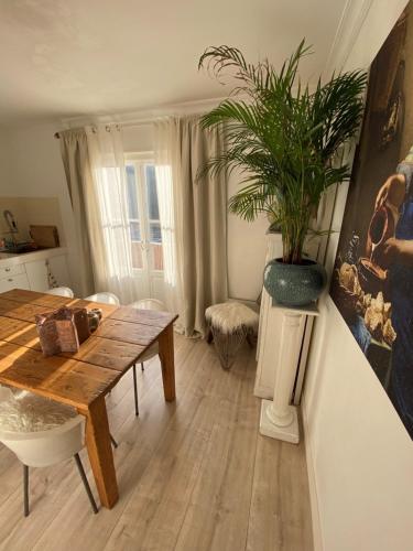 een woonkamer met een houten tafel en een potplant bij Casa Blanca Old City - Alkmaar in Alkmaar