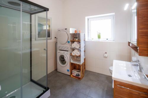 a bathroom with a washing machine and a sink at Modern and cosy 5 rooms penthouse with stunning view in Triesenberg