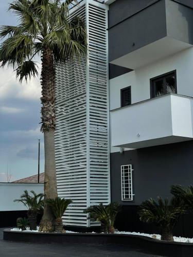 a building with a palm tree in front of it at Hotel Cristian in Giugliano in Campania