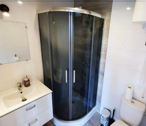 a bathroom with a shower and a sink at Zaciszne Gąski - domki letniskowe in Gąski