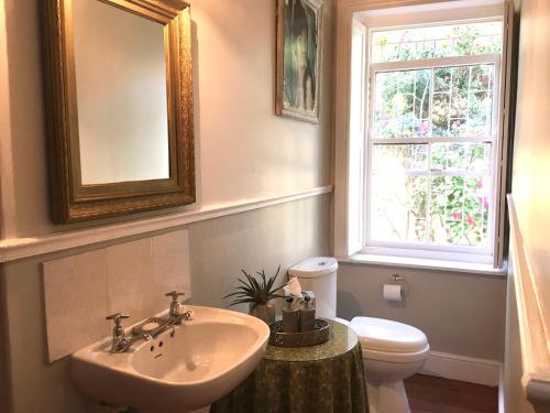 een badkamer met een wastafel, een toilet en een spiegel bij John Montagu Accommodation in Montagu
