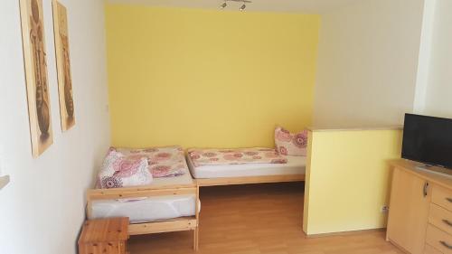 a small room with a couch and a tv at Bärchenhof in Priestewitz