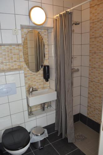 a bathroom with a sink and a toilet and a mirror at Lyckåhem Lågprishotell och Vandrarhem in Karlskrona