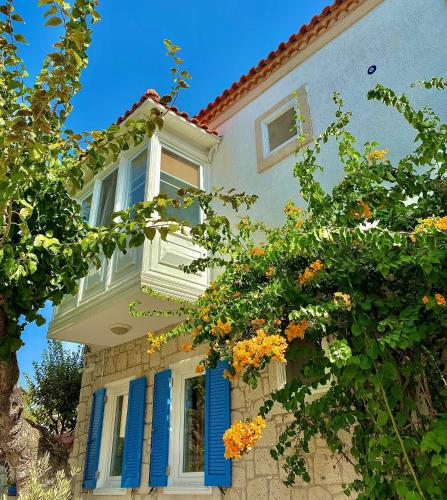 a house with blue shutters and a tree at Alacati Kayezta Hotel in Alacati