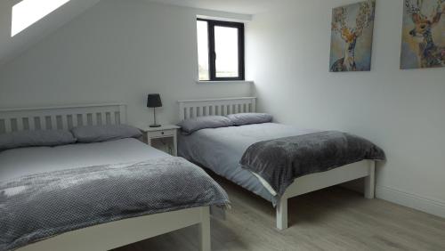 a bedroom with two beds and a window at Finn Loft in Ballybofey
