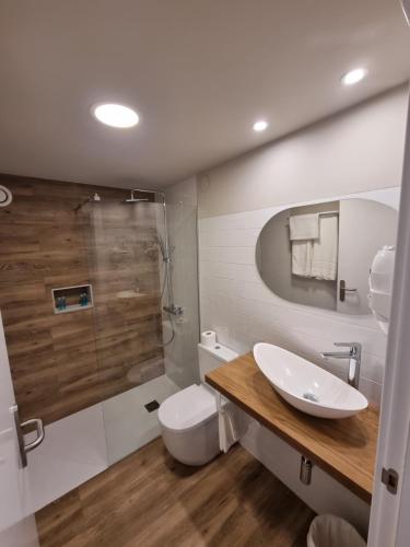 a bathroom with a sink and a toilet and a shower at Hostal La Rúa in Estella